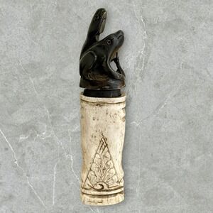 Vintage African Carved Antler Container Snuff Bottle 6.5" x 1.5" Frog Stopper